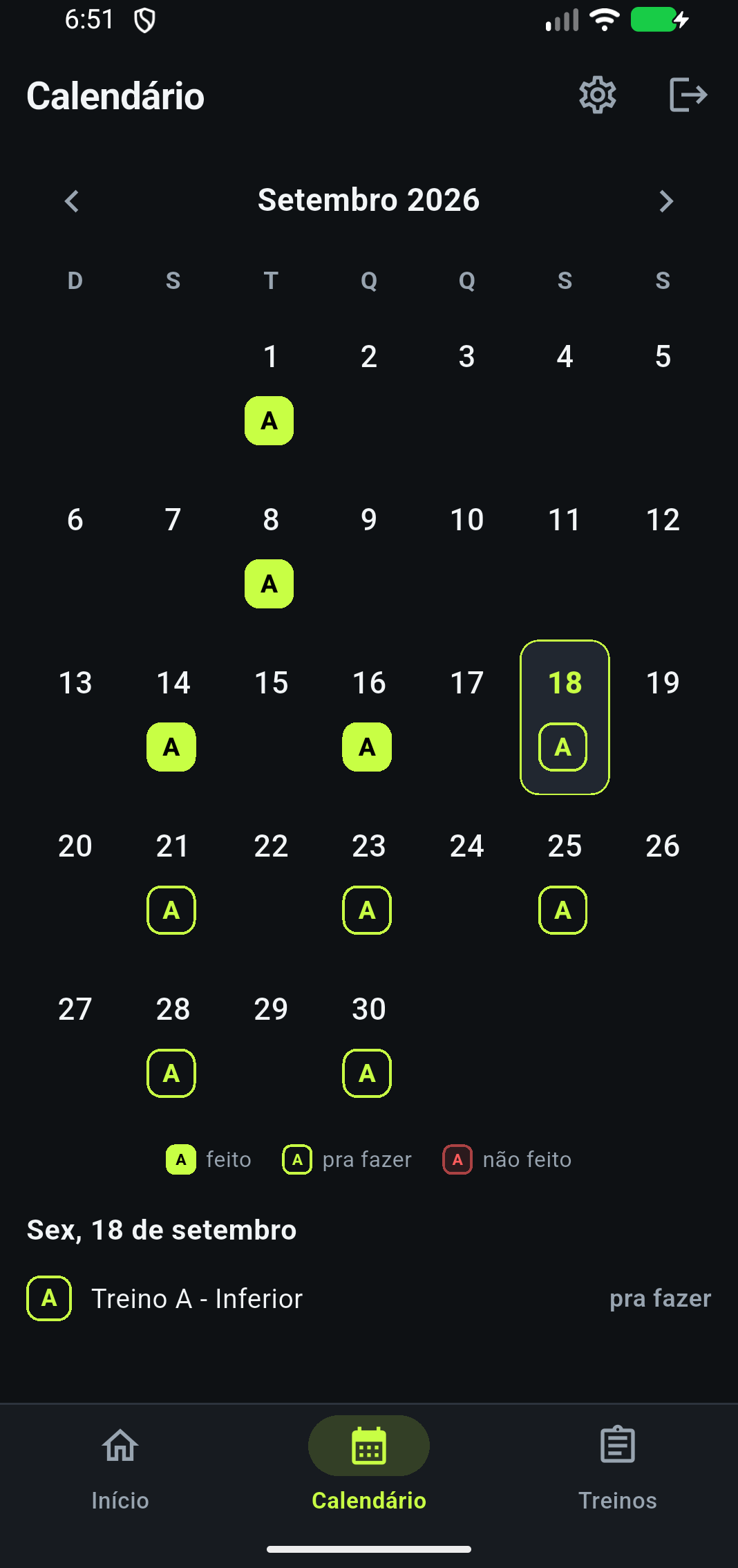 Calendário do aluno com os dias feitos, os pra fazer e as faltas